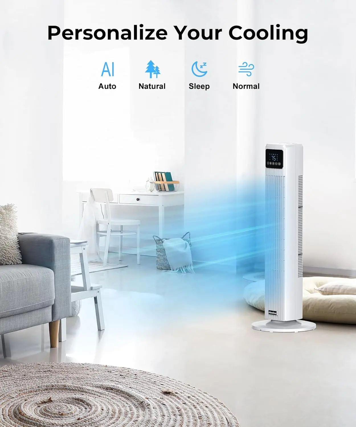 Tower Fan for Bedroom, Quiet Floor Fan with Remote, 90° Oscillating Fans with 4 Speeds, 4 Modes, 27ft/s Velocity, 12H Timer
Tower Fan for Bedroom, Quiet Floor Fan with Remote, 90° Oscillating Fans with 4 Speeds, 4 Modes, 27ft/s Velocity, 12H Timer