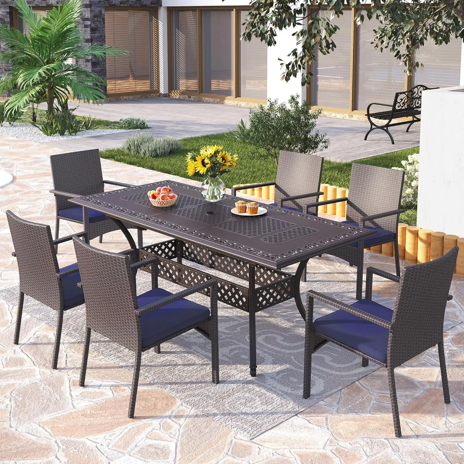 7pc Expandable Cast Aluminum Patio Dining Set Table Umbrella Hole Cushioned Chairs Outdoor Furniture, Customized
7pc Expandable Cast Aluminum Patio Dining Set Table Umbrella Hole Cushioned Chairs Outdoor Furniture, Customized