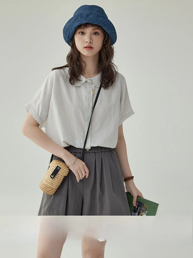 AMUU North Island Casual Style Loose Fit Short Sleeve Doll Collar Shirt Women's Summer Breathable Cotton Stripe Patterned Shirt
AMUU North Island Casual Style Loose Fit Short Sleeve Doll Collar Shirt Women's Summer Breathable Cotton Stripe Patterned Shirt