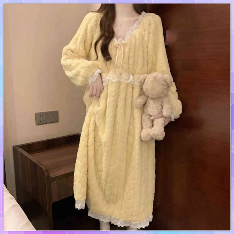 Lace Fleece Women's Pajamas Bow Nightgown Sleepwear Long Sleeves Nightwear Autumn Winter Night Home Dress Warm Pajamas пижама
Lace Fleece Women's Pajamas Bow Nightgown Sleepwear Long Sleeves Nightwear Autumn Winter Night Home Dress Warm Pajamas пижама