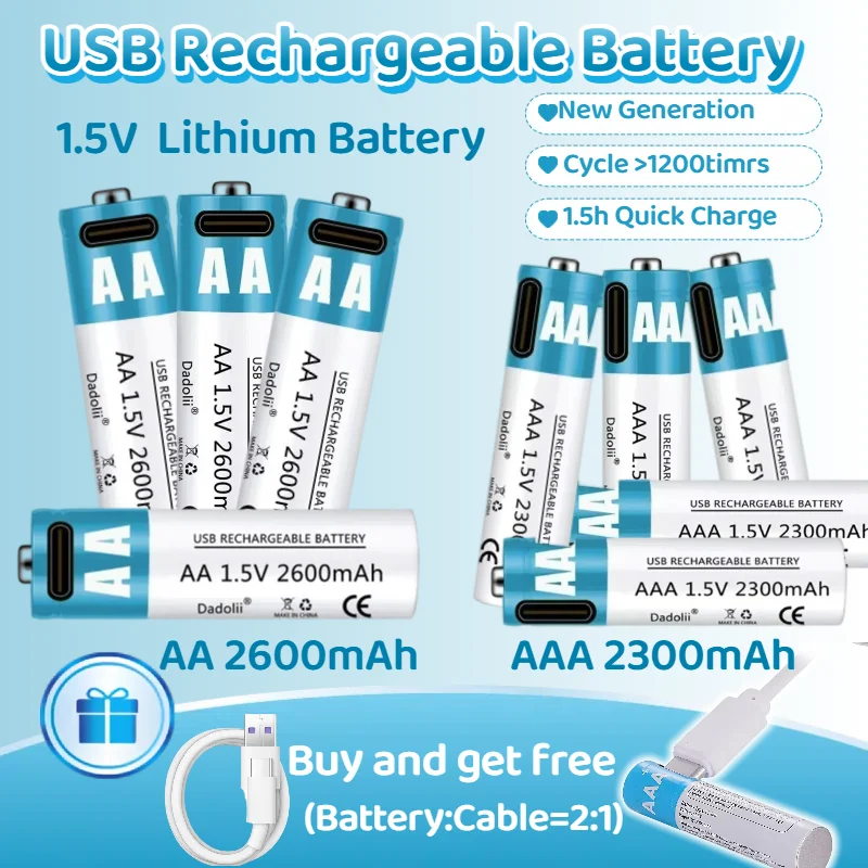 AA /AAA 1.5V Rechargeable Battery 2300mAh/2600mAh Lithium-Ion Battery USB Fast Charging AA Batteries for Flashlight/Toys/Camera
AA /AAA 1.5V Rechargeable Battery 2300mAh/2600mAh Lithium-Ion Battery USB Fast Charging AA Batteries for Flashlight/Toys/Camera