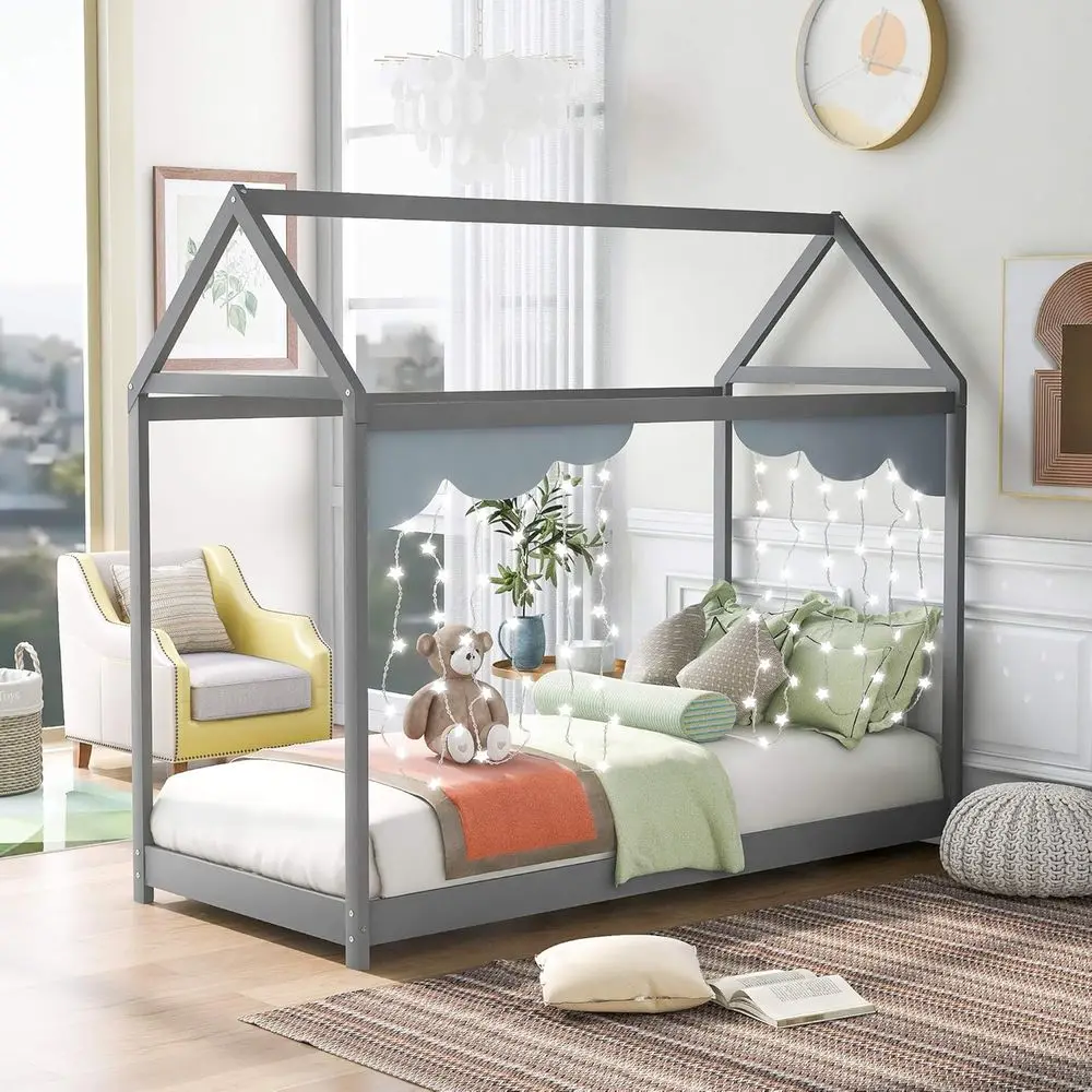 Twin Size House-Shaped Montori Bed, Wooden Floor, Suitable for Kids, No Box Spring, Gray
Twin Size House-Shaped Montori Bed, Wooden Floor, Suitable for Kids, No Box Spring, Gray