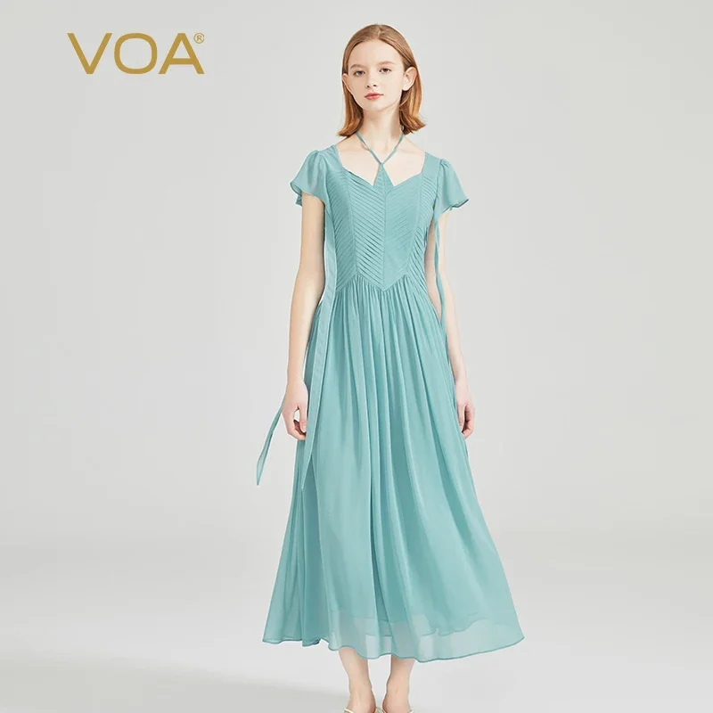 VOA Silk Double Layer Georgette Ice Blue Hanging Neck Short Sleeve Elegant Dresses Women Pleated Large Swing Silk Dress AE2073
VOA Silk Double Layer Georgette Ice Blue Hanging Neck Short Sleeve Elegant Dresses Women Pleated Large Swing Silk Dress AE2073