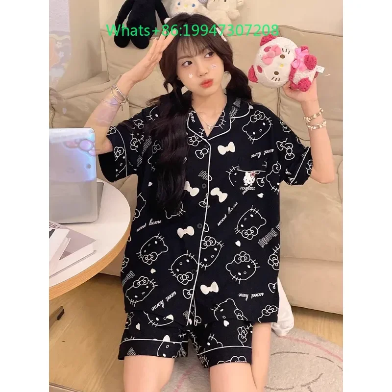 Summer new black lapel pure cotton cute cartoon hellokitty pajamas women's short-sleeved shorts loungewear set
Summer new black lapel pure cotton cute cartoon hellokitty pajamas women's short-sleeved shorts loungewear set