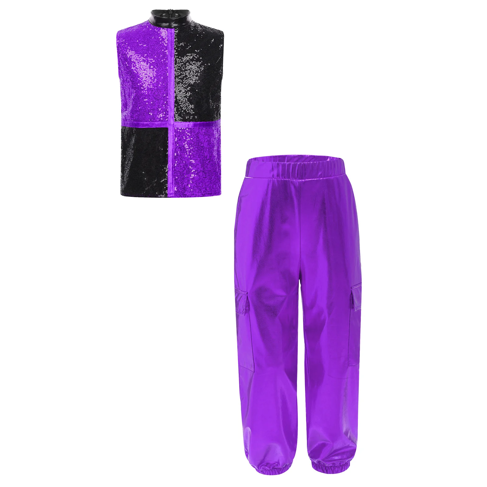 Kids Boys Girls Hip Hop Dance Costume Shiny Sequins Sleeveless Top Back Zipper Tops And Cargo Pants for Jazz Dance Performance
Kids Boys Girls Hip Hop Dance Costume Shiny Sequins Sleeveless Top Back Zipper Tops And Cargo Pants for Jazz Dance Performance