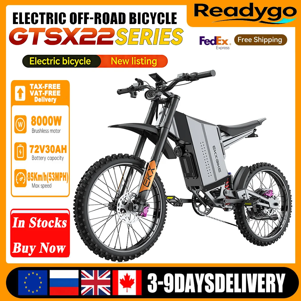 EKXBike GTS X22 Off-Road Ebike 85Kmh 8000W Brushless Motor, 72V30AH Lithium Battery, Readygo Ebike Adult Electric Motorcycle
EKXBike GTS X22 Off-Road Ebike 85Kmh 8000W Brushless Motor, 72V30AH Lithium Battery, Readygo Ebike Adult Electric Motorcycle