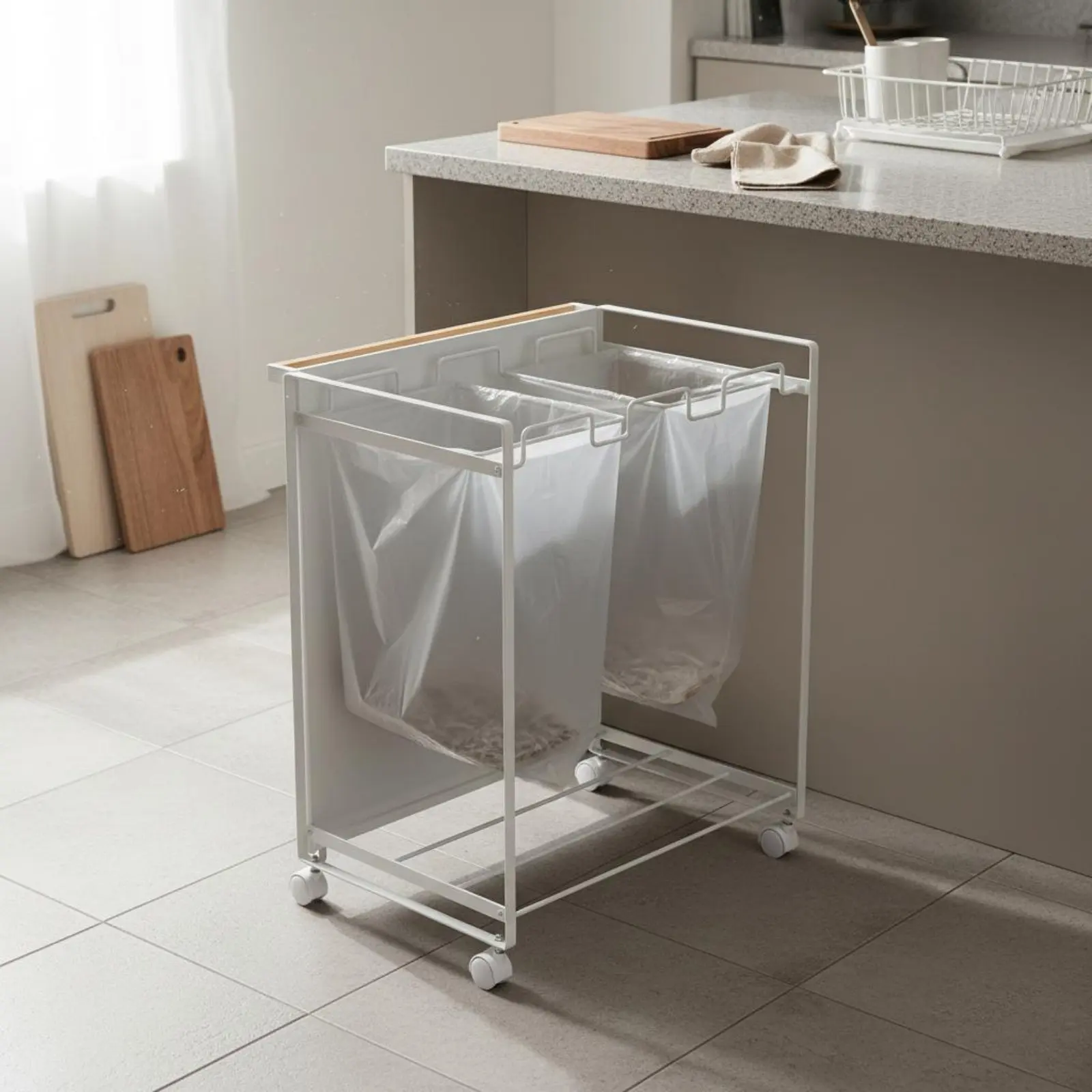 Mobile Kitchen Trash Rack With Wheels 3-Section Garbage Bag Holder Rolling Trash Sorter Sturdy Metal Frame
Mobile Kitchen Trash Rack With Wheels 3-Section Garbage Bag Holder Rolling Trash Sorter Sturdy Metal Frame
