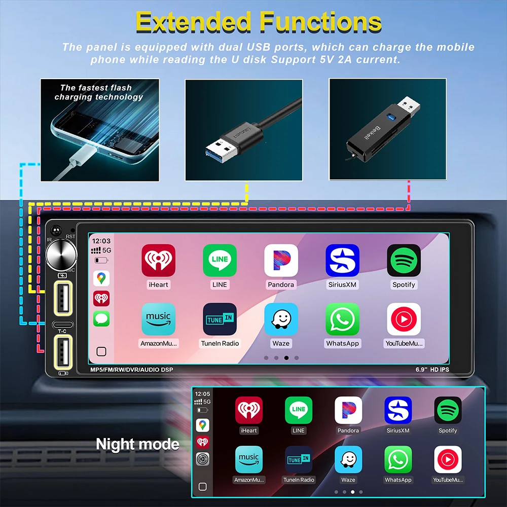 DC12V High Power Car Radio Automatic Colorful Light Digital Clock Full Format Player
DC12V High Power Car Radio Automatic Colorful Light Digital Clock Full Format Player