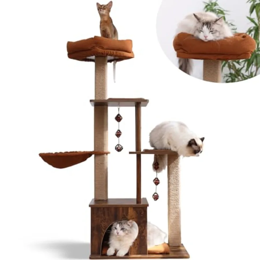 Cat Tree 4 in 1 Large Modern Cats Tower with Jute Scratching Post and Hammock Wood Cat Condo with Silvervine Balls Brown Cat Cl
Cat Tree 4 in 1 Large Modern Cats Tower with Jute Scratching Post and Hammock Wood Cat Condo with Silvervine Balls Brown Cat Cl