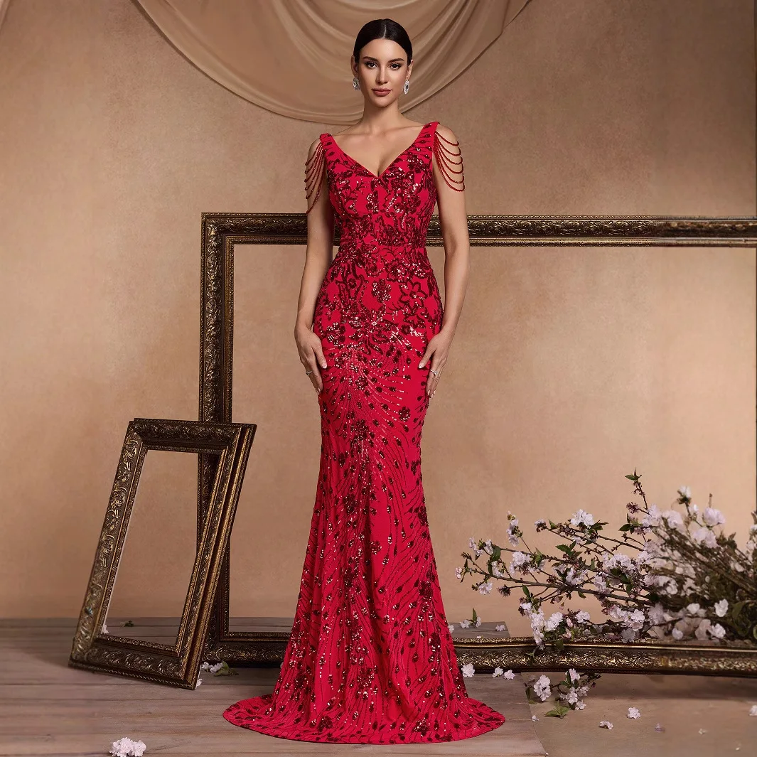Red V Neck Chain Tassel Shoulder Floral Sequin Mesh Mermaid Floor Length Evening Gala Prom Maxi Gown
Red V Neck Chain Tassel Shoulder Floral Sequin Mesh Mermaid Floor Length Evening Gala Prom Maxi Gown