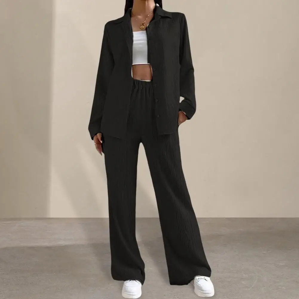 Casual Cardigan Trousers Set Stylish Women's Shirt Pants Set with Loose Lapel Blouse High Elastic Waist Trousers Wide for Daily
Casual Cardigan Trousers Set Stylish Women's Shirt Pants Set with Loose Lapel Blouse High Elastic Waist Trousers Wide for Daily