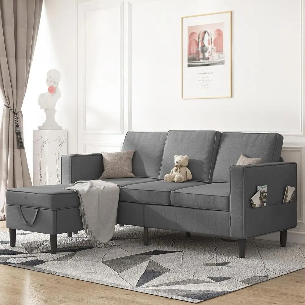 Linen Fabric 3 Seater L-Shaped Sofa with Storage Ottoman and Wooden Legs, Reversible Chaise for Living Room, Studio - Grey
Linen Fabric 3 Seater L-Shaped Sofa with Storage Ottoman and Wooden Legs, Reversible Chaise for Living Room, Studio - Grey