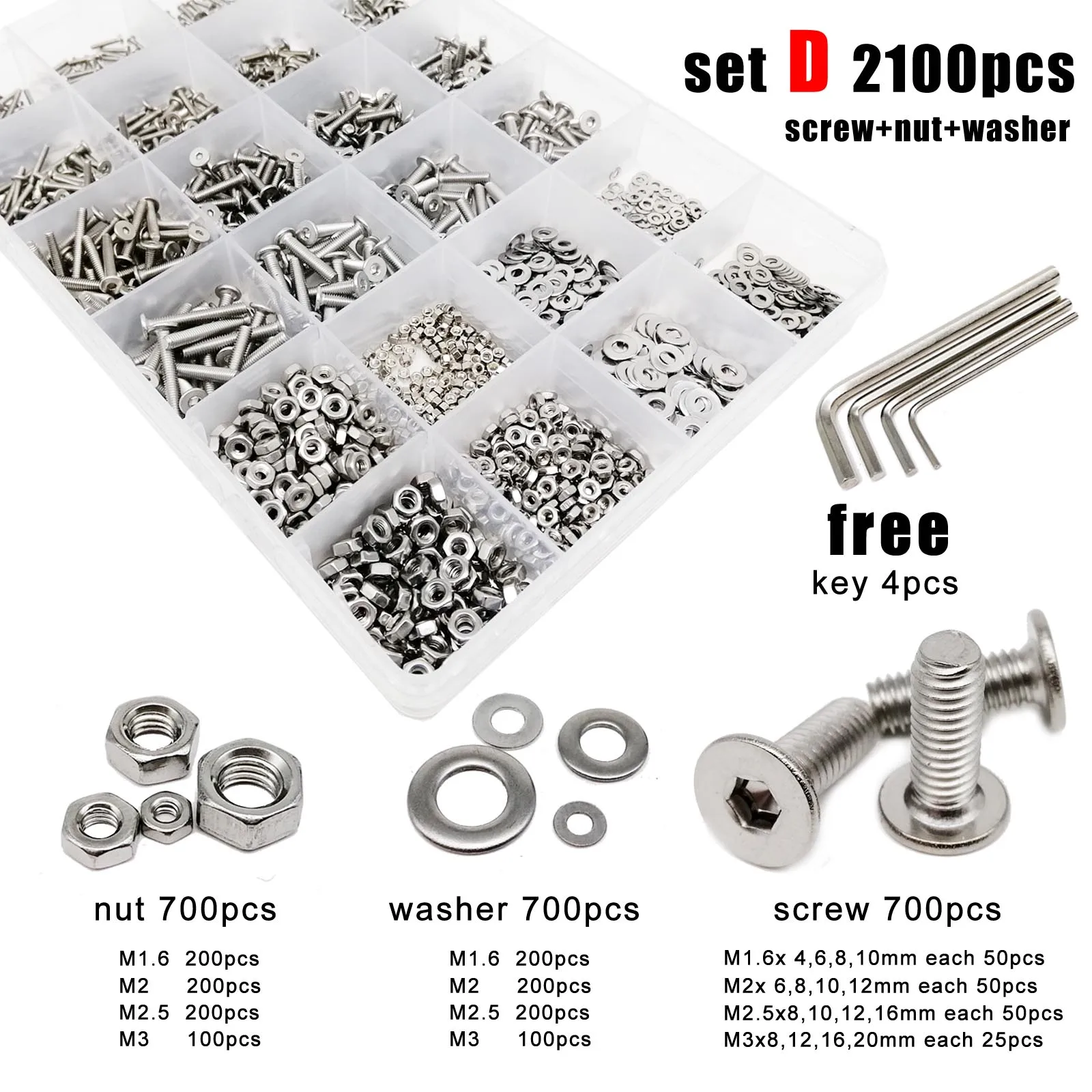 400/2100 M1.6 M2 M3 M4 M5 304 Шестигранная головка из нержавеющей стали с шестигранной головкой Ультратонкий винт с плоской вафельной головкой Болт Гайка Шайба Ассортимент Набор
400/2100 M1.6 M2 M3 M4 M5 304 Шестигранная головка из нержавеющей стали с шестигранной головкой Ультратонкий винт с плоской вафельной головкой Болт Гайка Шайба Ассортимент Набор