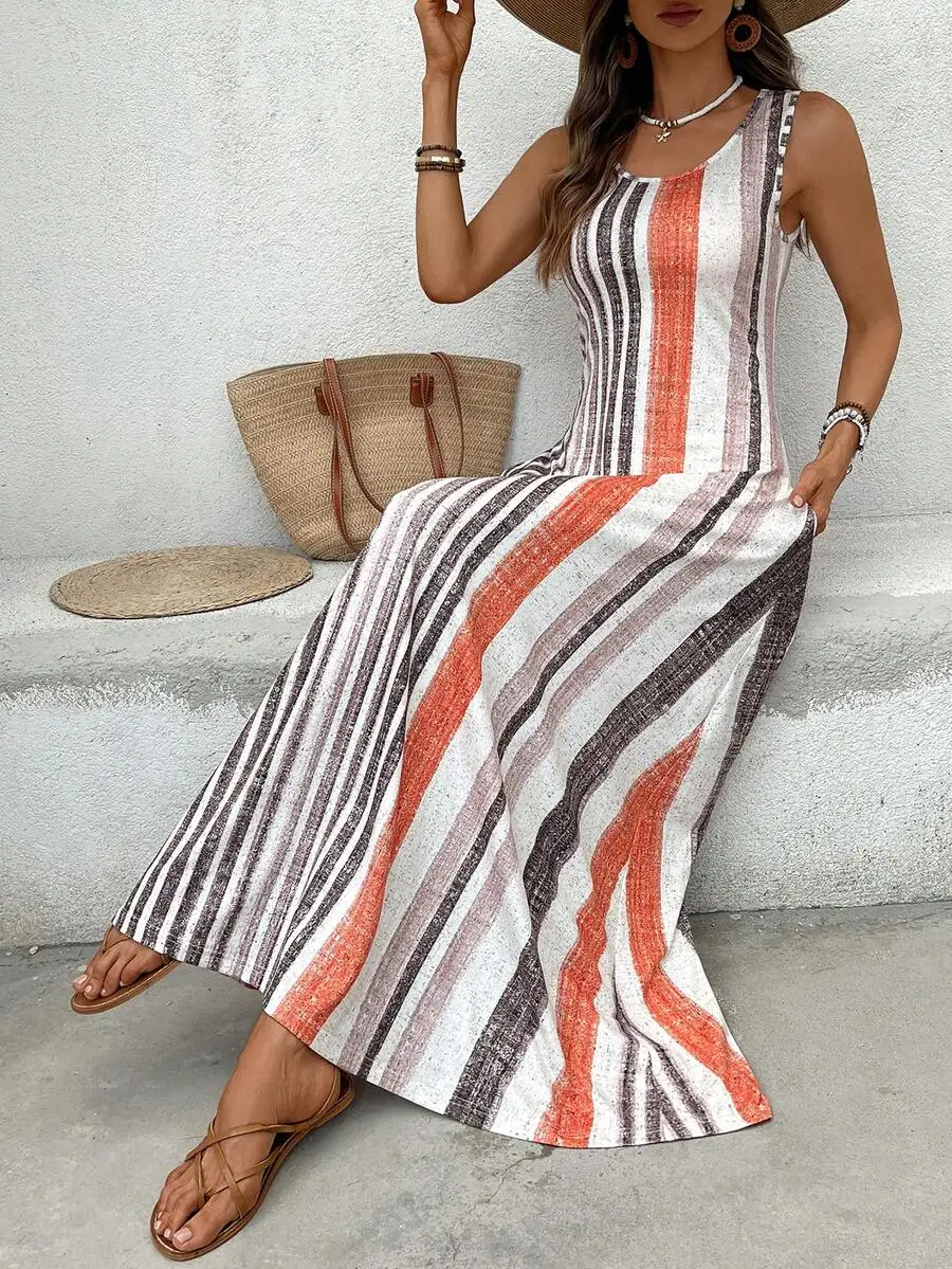 Women's Striped Round Neck Pocket Casual Maxi Dress for Summer
Women's Striped Round Neck Pocket Casual Maxi Dress for Summer