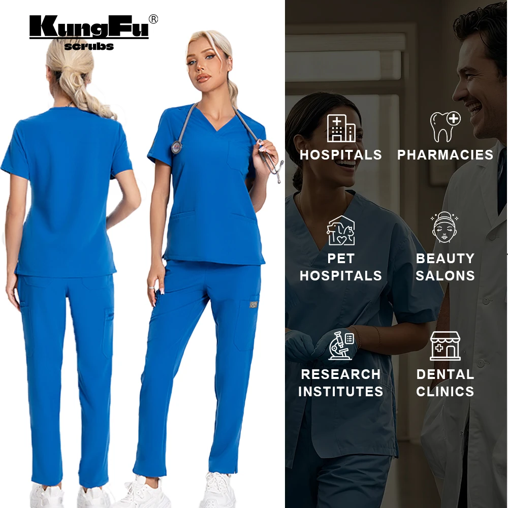 KUNGFU SCRUBS стоматологические скрабы для кормления для женщин, топы с v-образным вырезом, комплект брюк на талии с антибактериальной водонепроницаемой медицинской формой 
KUNGFU SCRUBS стоматологические скрабы для кормления для женщин, топы с v-образным вырезом, комплект брюк на талии с антибактериальной водонепроницаемой медицинской формой