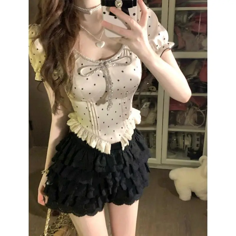 Sweet Lolita Style 2 Piece Set Women Kawaii Polka Dot Print Rhinestone Bow T-shirt Top Ruffle Mini Cake Skirts Gothic Y2k Outfit
Sweet Lolita Style 2 Piece Set Women Kawaii Polka Dot Print Rhinestone Bow T-shirt Top Ruffle Mini Cake Skirts Gothic Y2k Outfit