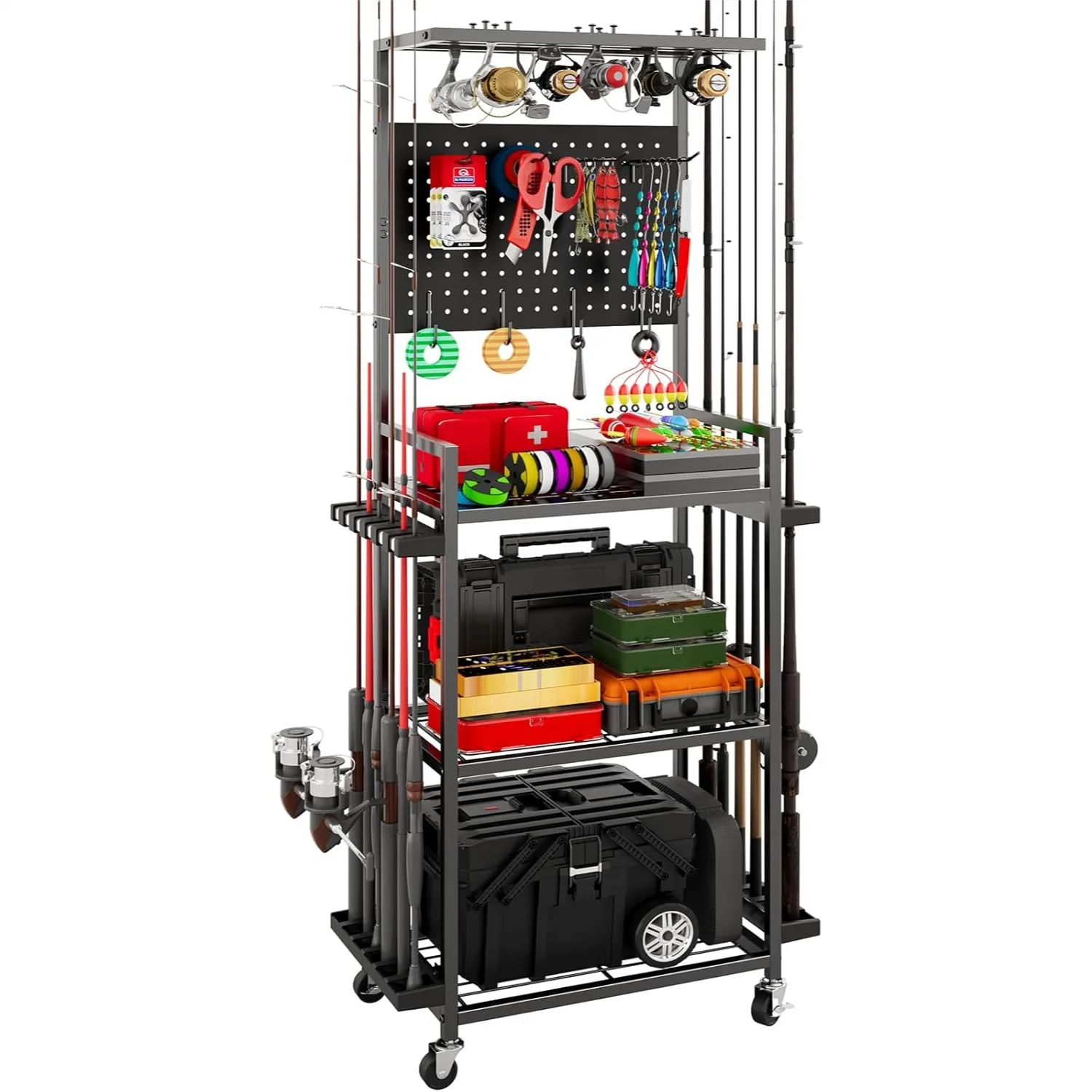 Fishing Rod Holder for Garage with Wheels & Pegboard, 3-Shelf Fishing Pole Storage Rack with Hooks for Reels and Tackle Box
Fishing Rod Holder for Garage with Wheels & Pegboard, 3-Shelf Fishing Pole Storage Rack with Hooks for Reels and Tackle Box