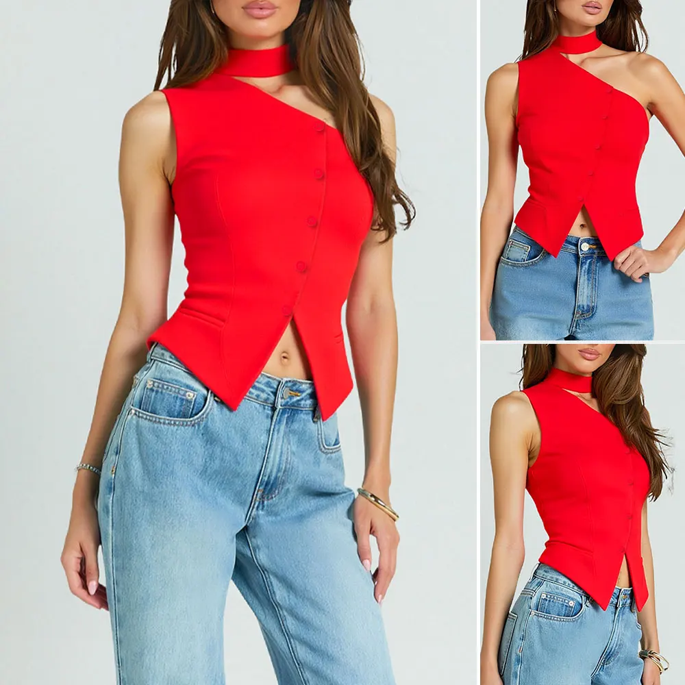 Mia Muse Boutique Asymmetrical Button Sleeveless One-Shoulder Cropped Tops For Women Blouses Spring Summer Skinny Fit K Fashion 
Mia Muse Boutique Asymmetrical Button Sleeveless One-Shoulder Cropped Tops For Women Blouses Spring Summer Skinny Fit K Fashion