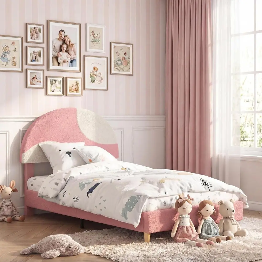 Round Boucle Twin Bed with Upholstered Arch Design in Soft Pink & White, Wooden Slats, No Box Spring Needed, Easy Assembly
Round Boucle Twin Bed with Upholstered Arch Design in Soft Pink & White, Wooden Slats, No Box Spring Needed, Easy Assembly