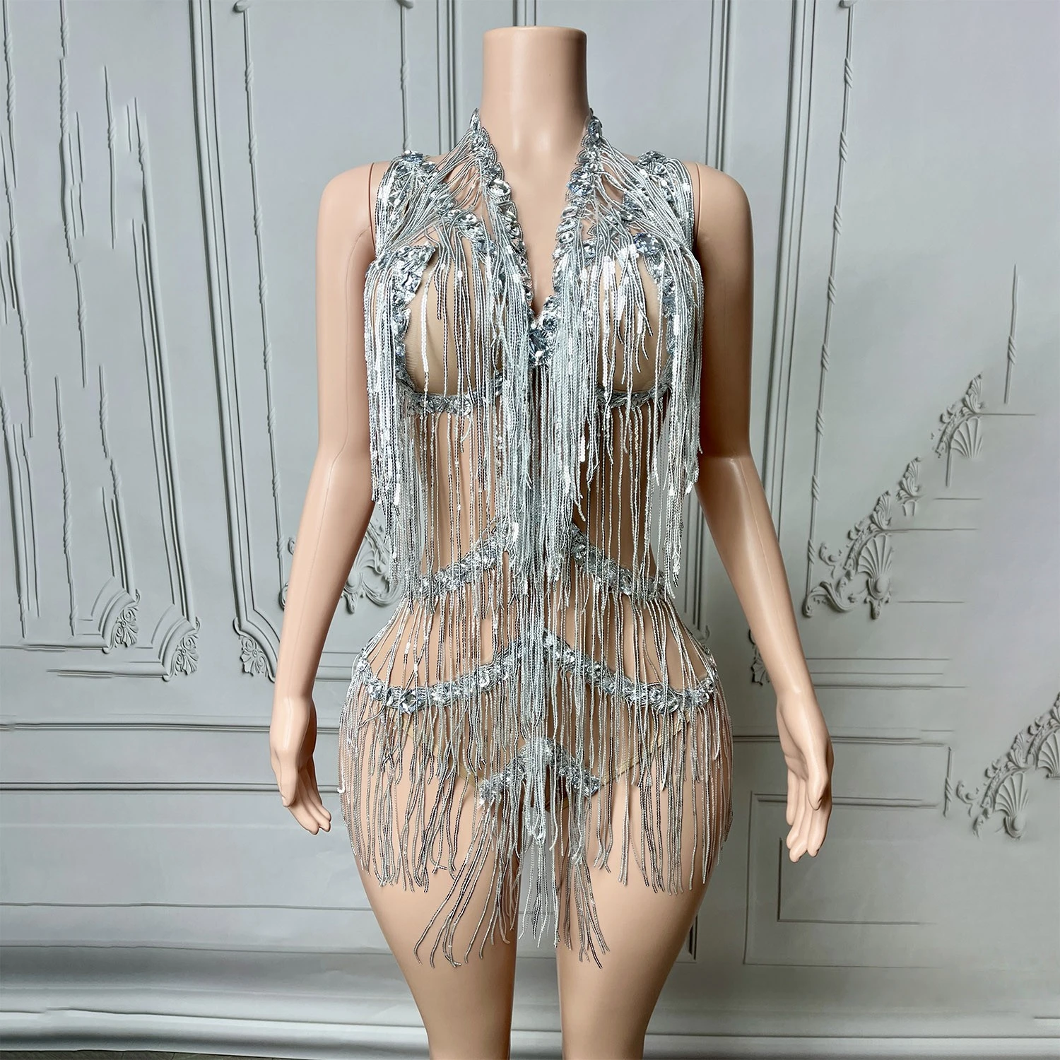 Женское роскошное боди из спандекса с яркими кристаллами и блестками, без рукавов, с v-образным вырезом, блестящие танцевальные костюмы Gogo для особых случаев 
Женское роскошное боди из спандекса с яркими кристаллами и блестками, без рукавов, с v-образным вырезом, блестящие танцевальные костюмы Gogo для особых случаев