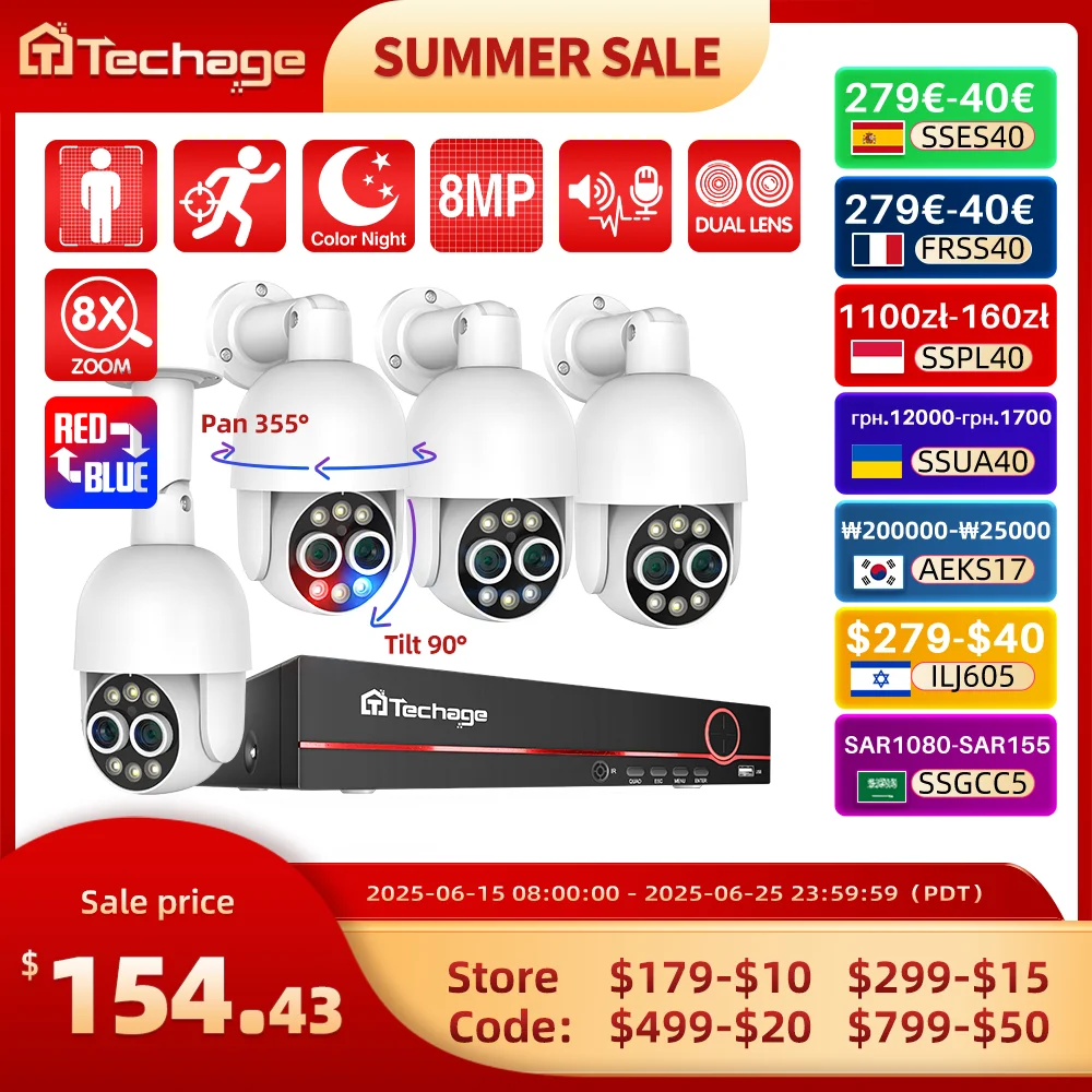 Techage 8CH Dual Lens 4MP+4MP PTZ POE Camera System 8X Mix Zoon Human Detection H.265 AI CCTV Video Security Kit Colorful Night
Techage 8CH Dual Lens 4MP+4MP PTZ POE Camera System 8X Mix Zoon Human Detection H.265 AI CCTV Video Security Kit Colorful Night