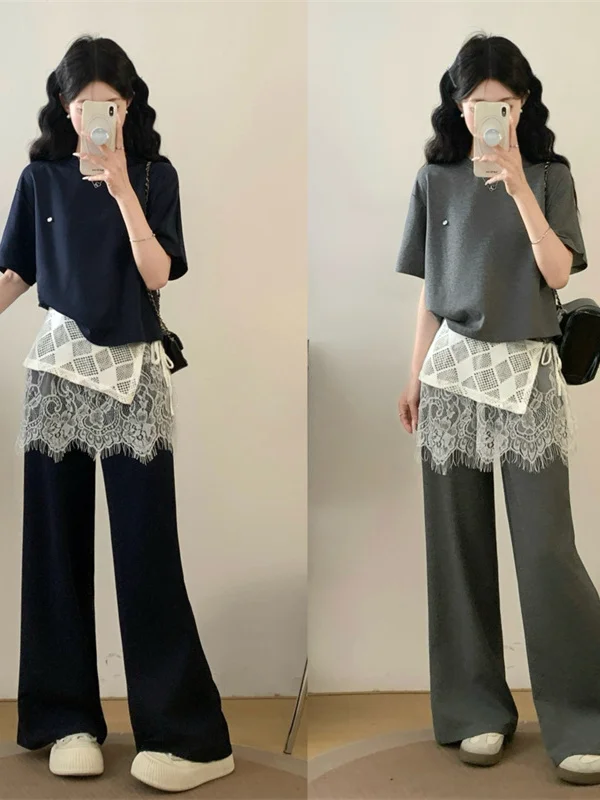 Lace Trim Lazy Style T-Shirt Wide Leg Pants Set Women Summer plus Size Unique Design Two Piece Set High Waist Long Pants
Lace Trim Lazy Style T-Shirt Wide Leg Pants Set Women Summer plus Size Unique Design Two Piece Set High Waist Long Pants