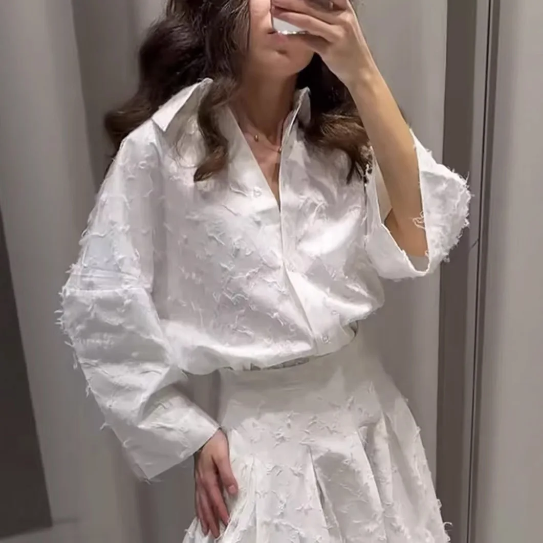 White Tassel Two-Piece Set For Women, Elegant Lapel Long-Sleeve Shirt & High-Waist Pleated Maxi Skirt Summer Office Outfit 2025 
White Tassel Two-Piece Set For Women, Elegant Lapel Long-Sleeve Shirt & High-Waist Pleated Maxi Skirt Summer Office Outfit 2025