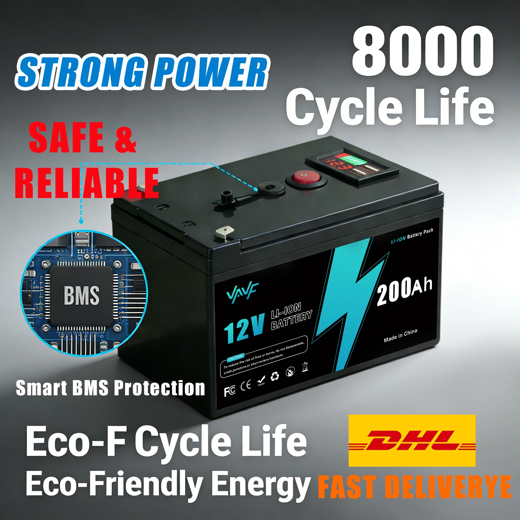 Lithium Battery12v200AH LiFePO4 Battery with Smart BMS-Ideal for Solar Power, RV, Marine&Off-Grid Home Energy Storage
Lithium Battery12v200AH LiFePO4 Battery with Smart BMS-Ideal for Solar Power, RV, Marine&Off-Grid Home Energy Storage