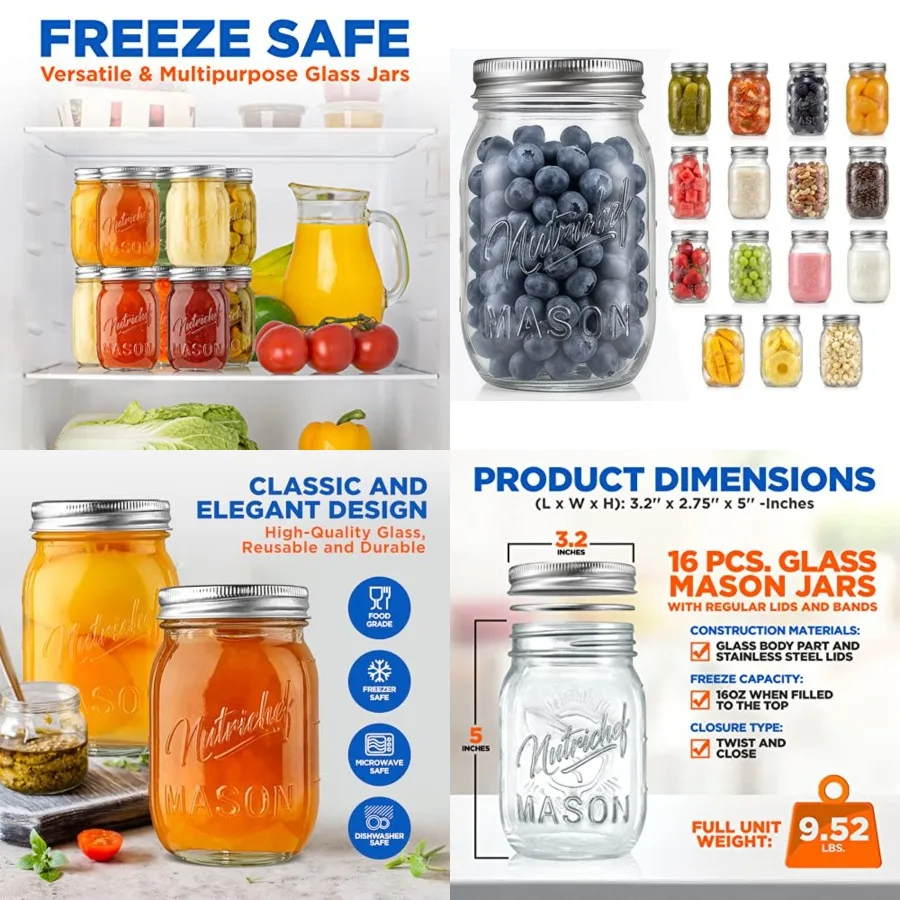 Mason Jars oz with Lids, Wide Mouth Airtight Seal, Freeze Safe Durable Glass, Silver Screw Lids for Meal Prep, Jam, Honey and W
Mason Jars oz with Lids, Wide Mouth Airtight Seal, Freeze Safe Durable Glass, Silver Screw Lids for Meal Prep, Jam, Honey and W