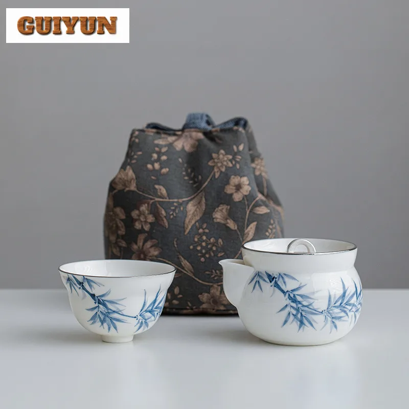 Ручной нарисованный синий и белый бамбуковый дорожный чайный сервиз, роскошный 1 горшок, 1 чашка, органайзер для чайника, портативные пакеты для пикника, принадлежности 
Ручной нарисованный синий и белый бамбуковый дорожный чайный сервиз, роскошный 1 горшок, 1 чашка, органайзер для чайника, портативные пакеты для пикника, принадлежности