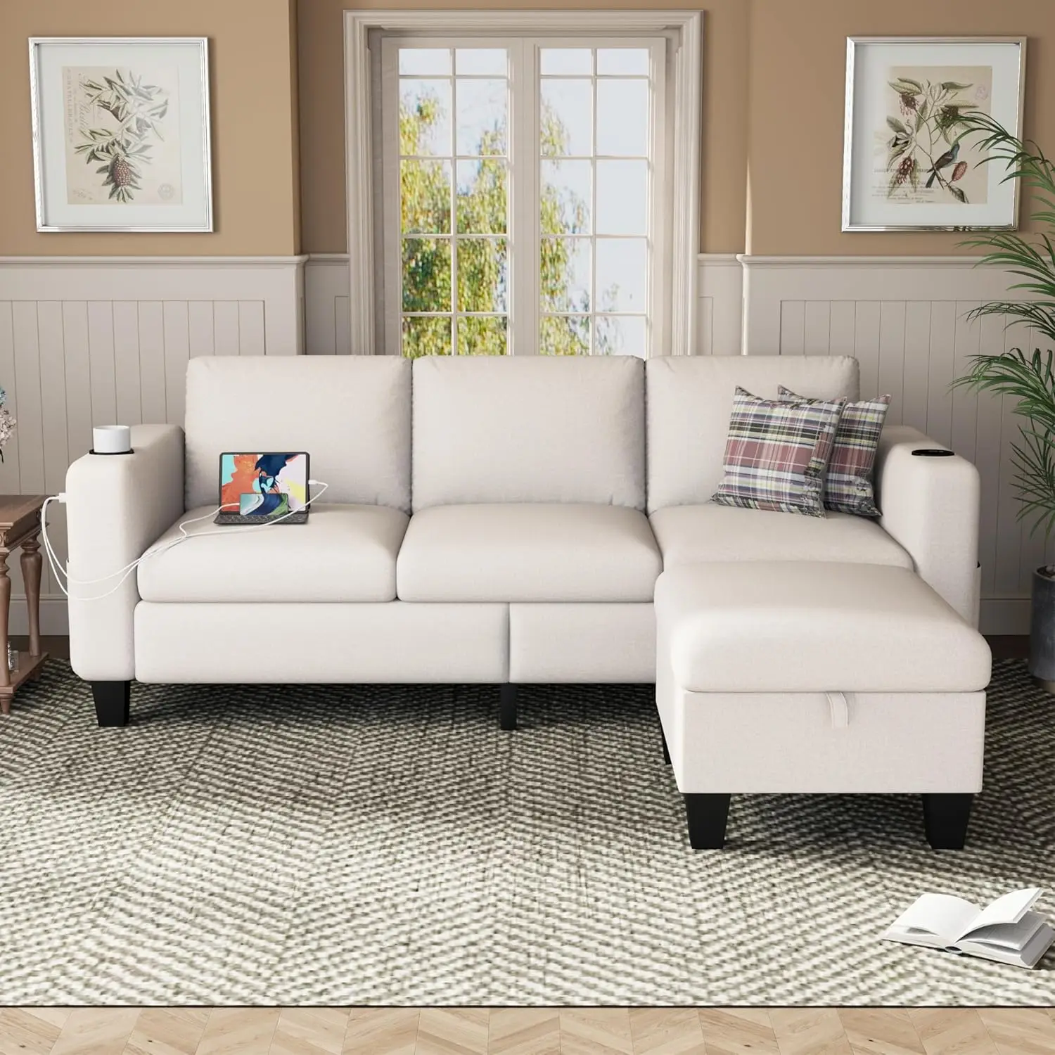Convertible Sectional Sofa Couch, Beige Couches for Living Room, USB+Type C Ports and 2 Cup Holders & Movable Ottoman
Convertible Sectional Sofa Couch, Beige Couches for Living Room, USB+Type C Ports and 2 Cup Holders & Movable Ottoman