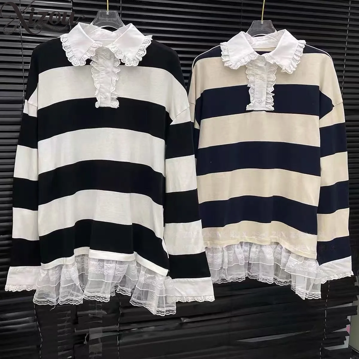 2026 Spring Japanese Sweet Striped Polo Collar Long Sleeve T-shirt Lace Hem Hoodie Ruffle Collar Y2K Sweatshirt Women Top Autumn
2026 Spring Japanese Sweet Striped Polo Collar Long Sleeve T-shirt Lace Hem Hoodie Ruffle Collar Y2K Sweatshirt Women Top Autumn