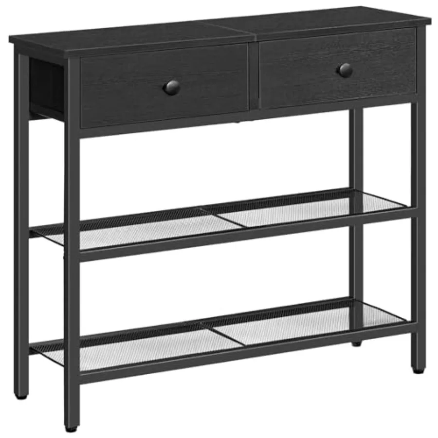 Narrow console table for living room and hallway use, black fabric-drawer design with 3-tier shelves, 29.5-inch width, behind-c
Narrow console table for living room and hallway use, black fabric-drawer design with 3-tier shelves, 29.5-inch width, behind-c