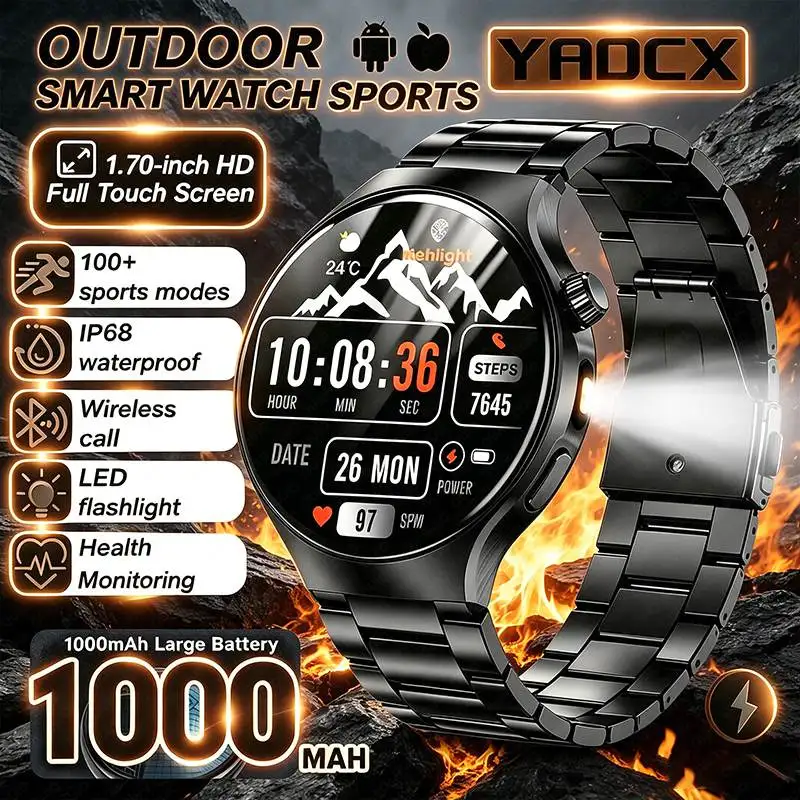 2026 New 1000mAh Battery Smart Watch Men IP68 Waterproof 1.70 360*360 HD Screen BT Call Flashlight Sports Military Smart Watch
2026 New 1000mAh Battery Smart Watch Men IP68 Waterproof 1.70 360*360 HD Screen BT Call Flashlight Sports Military Smart Watch