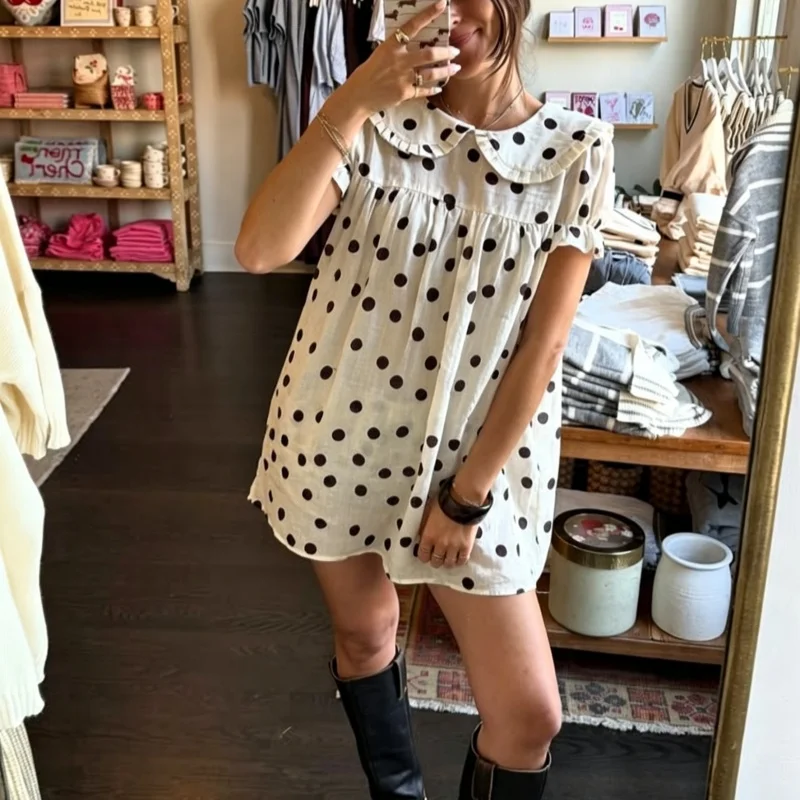 Women's Summer Baby Doll Mini Dress Stripe/Dot Print Short Sleeve Doll Collar Loose Dress
Women's Summer Baby Doll Mini Dress Stripe/Dot Print Short Sleeve Doll Collar Loose Dress