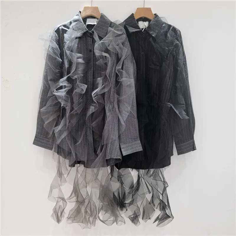Spring Autumn Woman Mesh Splicing Ruffles Striped Shirts Gauze Ruched Ribbons Blouses Yarn Lotus Cardigan Single Breasted Tops
Spring Autumn Woman Mesh Splicing Ruffles Striped Shirts Gauze Ruched Ribbons Blouses Yarn Lotus Cardigan Single Breasted Tops