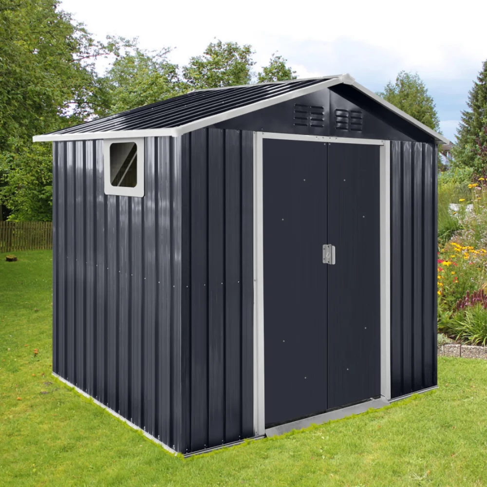 7ftx4.3ft Metal garden sheds, Grey storage sheds with window and Sliding door, Galvanized foundation, rust proof and durable
7ftx4.3ft Metal garden sheds, Grey storage sheds with window and Sliding door, Galvanized foundation, rust proof and durable