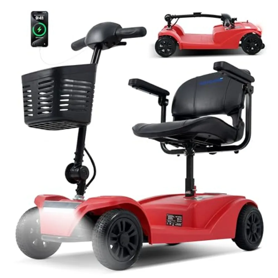 Senior mobility scooter for travel: 15-25 mi range, 300+ lbs capacity, compact heavy-duty design, red color, LED headlight deta
Senior mobility scooter for travel: 15-25 mi range, 300+ lbs capacity, compact heavy-duty design, red color, LED headlight deta