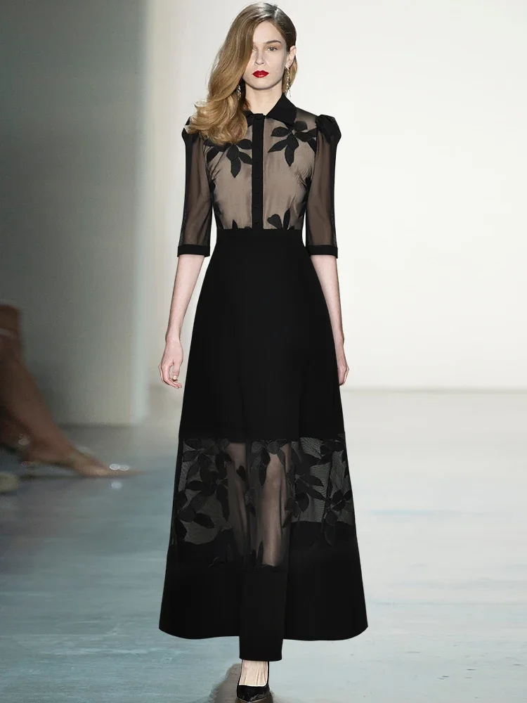 Summer Fashion Designer Vintage Party Dress Women Lapel Single Breasted Embroidery Perspective Mesh High Waist Black Long Dress
Summer Fashion Designer Vintage Party Dress Women Lapel Single Breasted Embroidery Perspective Mesh High Waist Black Long Dress