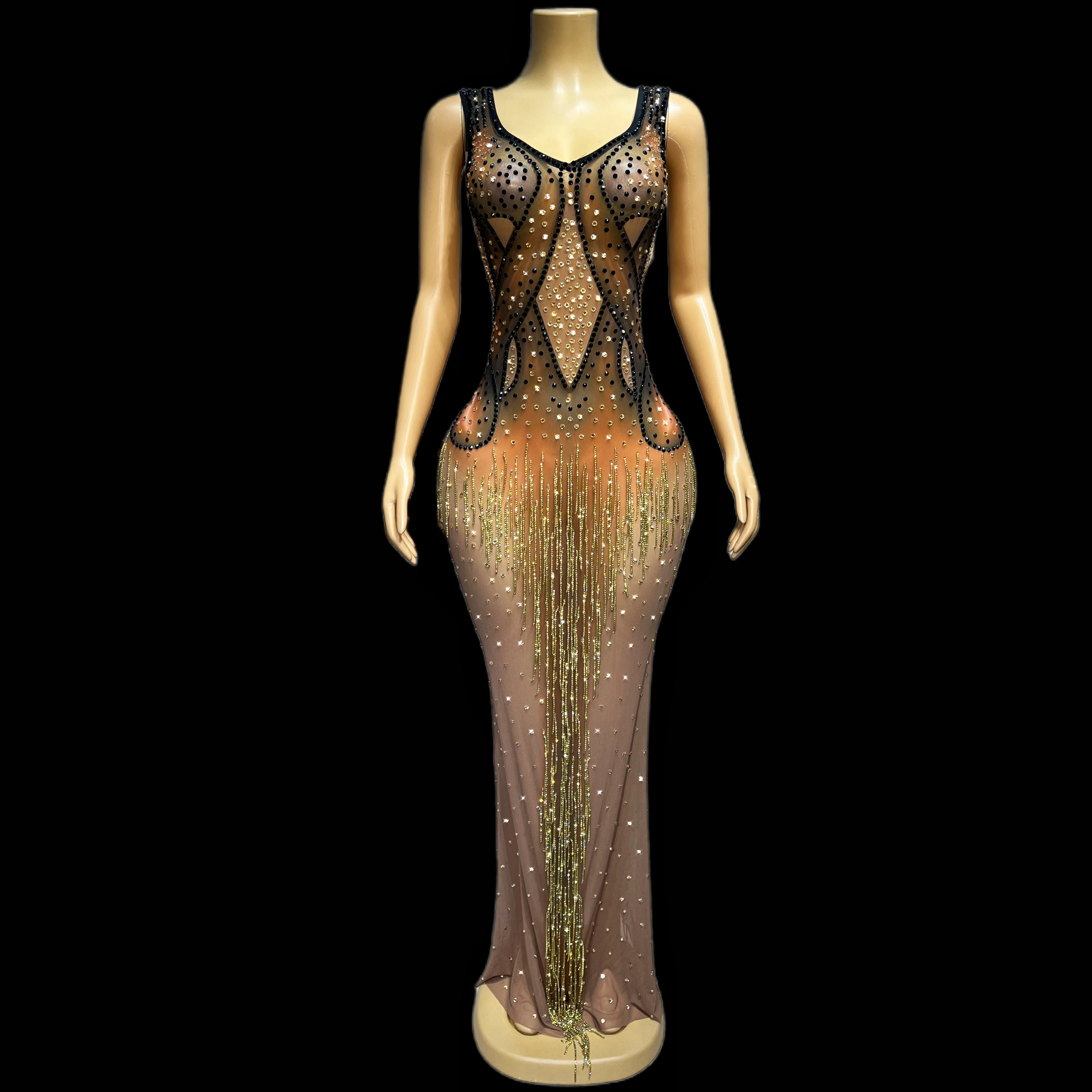 Gold Black Rhinestones Crystals Fringes Transparent Dress Birthday Celebrate Evening Costume Sexy Singer Outfit Niuniao
Gold Black Rhinestones Crystals Fringes Transparent Dress Birthday Celebrate Evening Costume Sexy Singer Outfit Niuniao