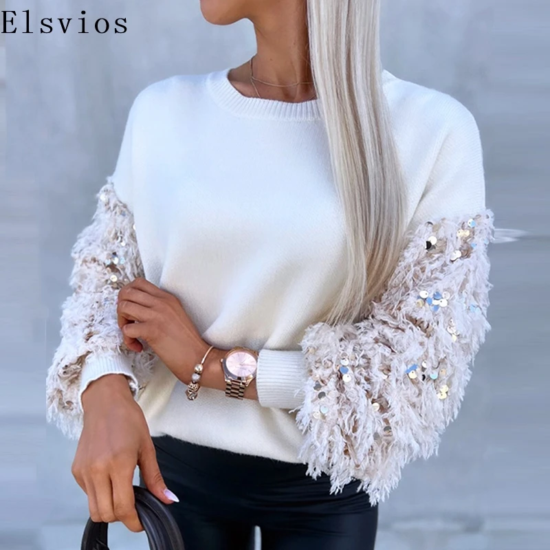 Women's Stitching Sequins Knit Jumpers Fashion Winter Long Sleeve Solid Temperament Sweater Elegant Crew-neck Office Pullover
Women's Stitching Sequins Knit Jumpers Fashion Winter Long Sleeve Solid Temperament Sweater Elegant Crew-neck Office Pullover
