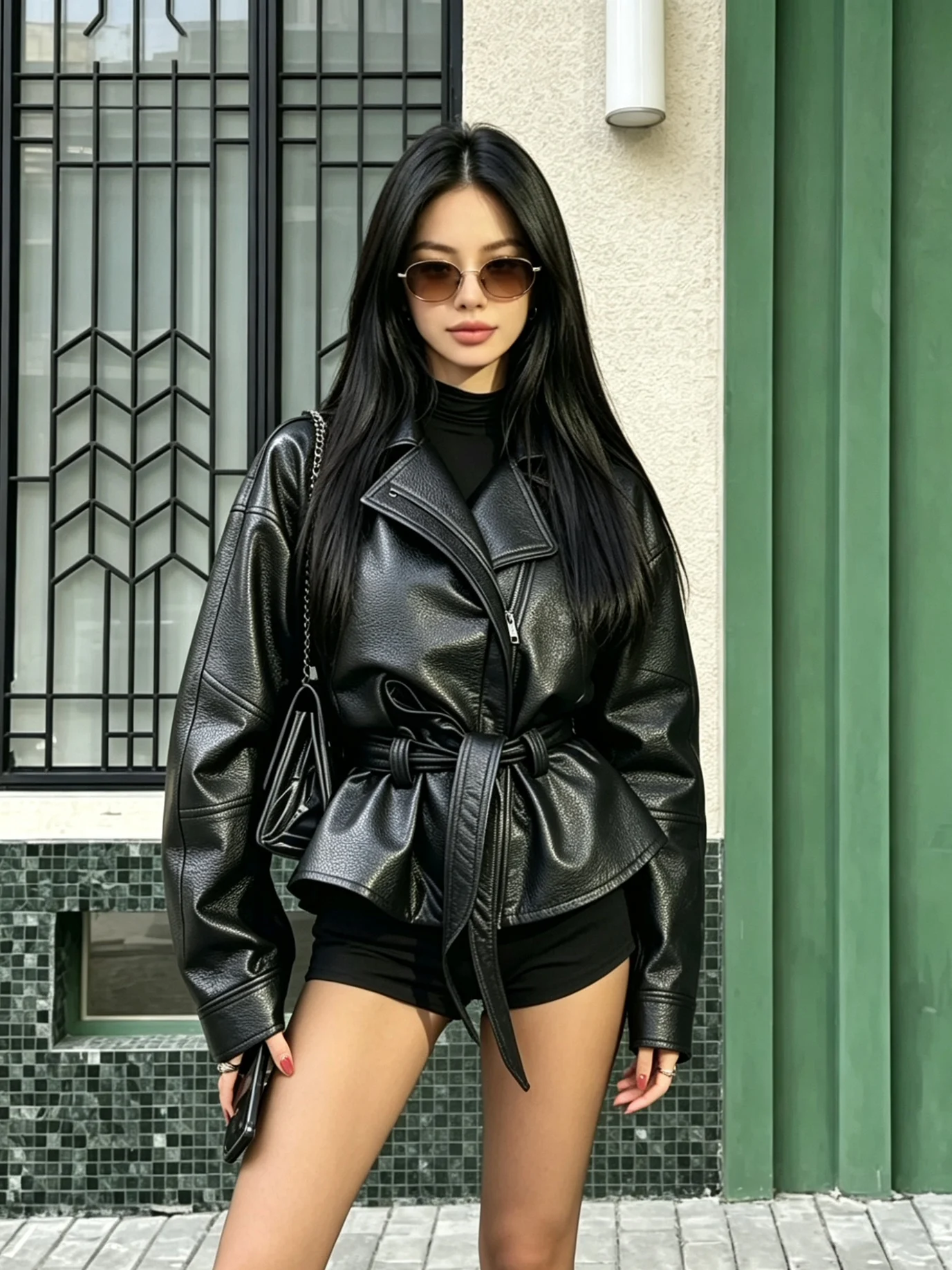 Black Short Leather Jacket Women's Waist-Cinching Biker Style Coat with Belt Form-Fitting Windproof Long Sleeve Zipper Closure
Black Short Leather Jacket Women's Waist-Cinching Biker Style Coat with Belt Form-Fitting Windproof Long Sleeve Zipper Closure