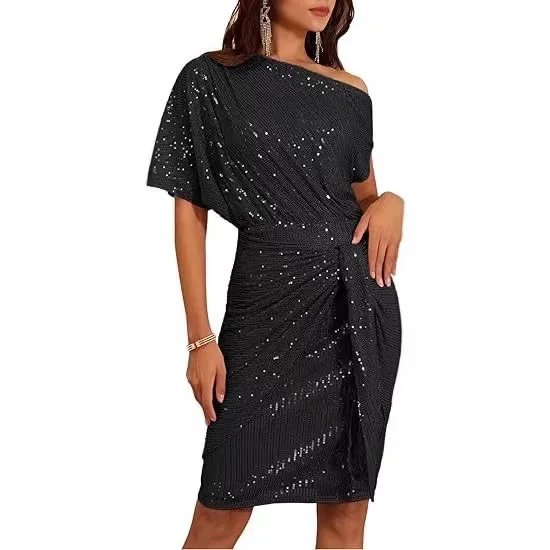 Solid Color Sequin Slim Party Dresses Women Fashion Sexy Slant Collar Off Shoulder Leace-up Package Hip Bodycon Dress Female New
Solid Color Sequin Slim Party Dresses Women Fashion Sexy Slant Collar Off Shoulder Leace-up Package Hip Bodycon Dress Female New