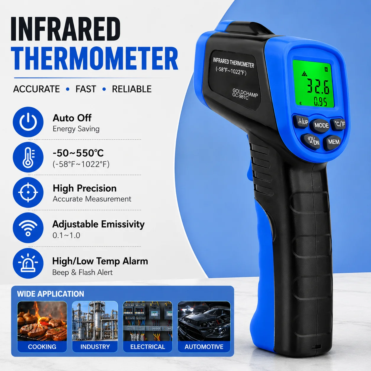 Infrared Thermometer -50 to 550℃ Non Contact Laser Temperature Gun 12 1 Distance Spot Ratio Adjustable Emissivity for Home
Infrared Thermometer -50 to 550℃ Non Contact Laser Temperature Gun 12 1 Distance Spot Ratio Adjustable Emissivity for Home