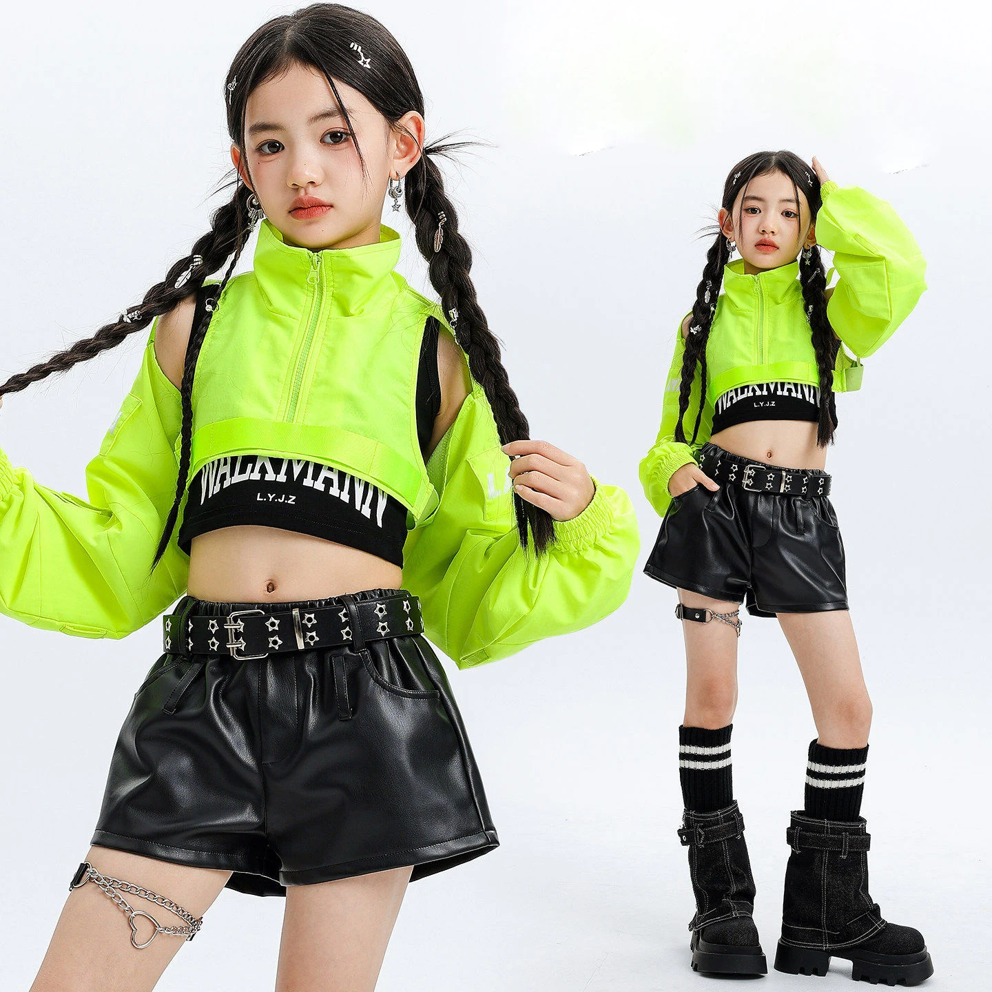 Детская одежда в стиле K-pop и хип-хоп: зеленый топ с открытыми плечами, черные повседневные шорты из искусственной кожи для девочек, костюмы для уличных танцев
Детская одежда в стиле K-pop и хип-хоп: зеленый топ с открытыми плечами, черные повседневные шорты из искусственной кожи для девочек, костюмы для уличных танцев