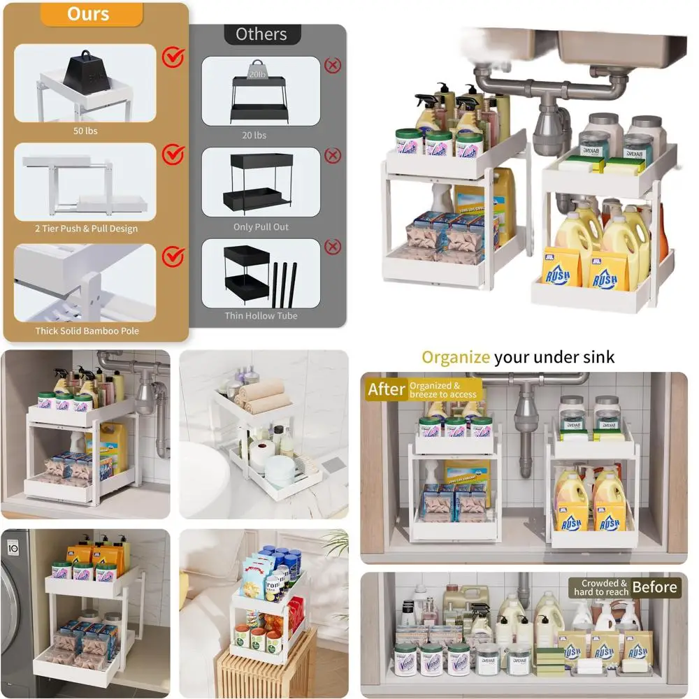 Двухуровневые выдвижные органайзеры под раковину - компактное хранение для кухни и ванной, белые
Двухуровневые выдвижные органайзеры под раковину - компактное хранение для кухни и ванной, белые