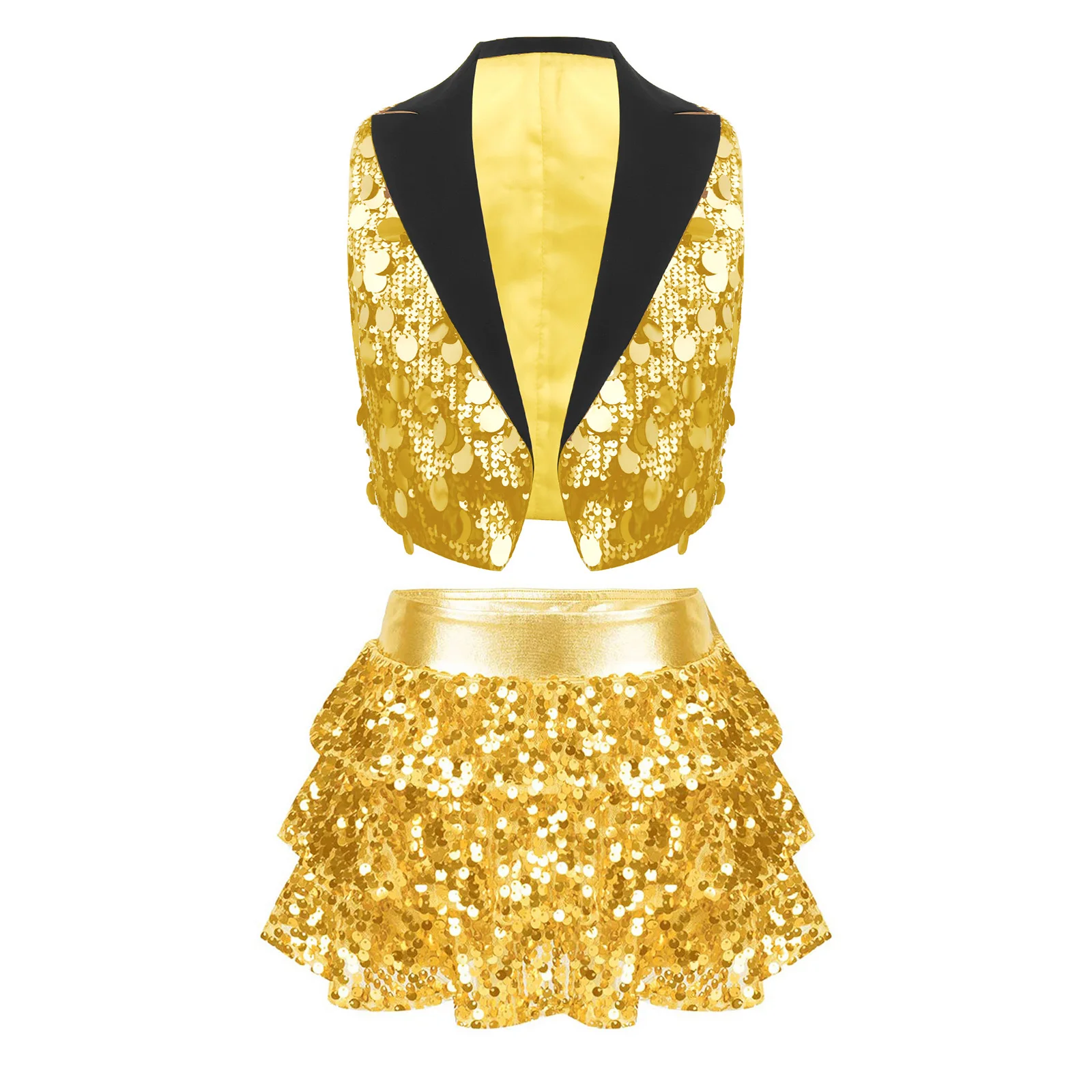 Kids Girls Glitter Sequin Party Outfit Lapel V Neck Open Front Vest Crop Top and Tiered Ruffled Skirt for Jazz Disco Prom
Kids Girls Glitter Sequin Party Outfit Lapel V Neck Open Front Vest Crop Top and Tiered Ruffled Skirt for Jazz Disco Prom