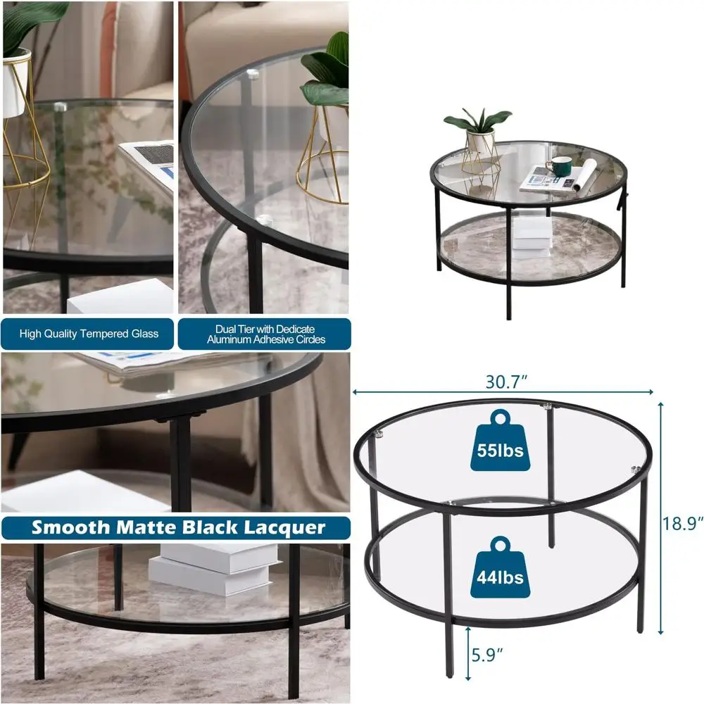 30 Round Glass Coffee Table with 2-Tier Clear Top and Storage for Living Room
30 Round Glass Coffee Table with 2-Tier Clear Top and Storage for Living Room