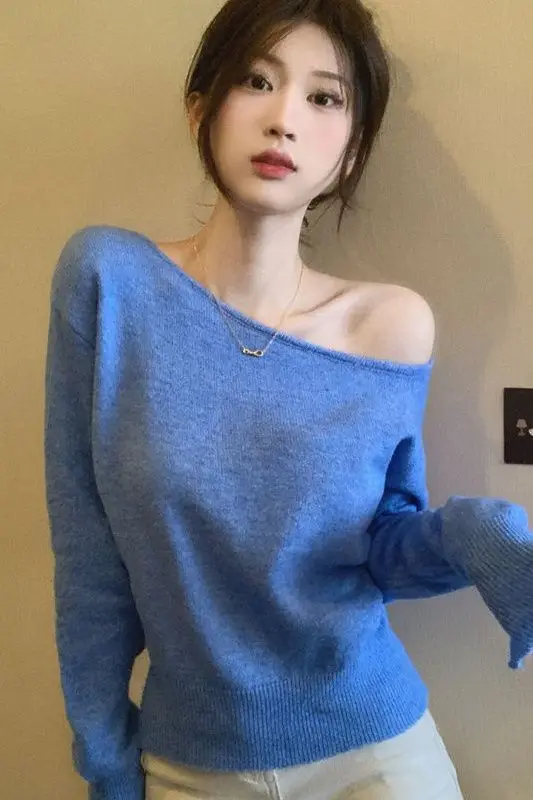 Korejpaa Blue Irregular Pull Femme Sloping Shoulder Sweater Knitted Pullover Women Autumn Winter New Korean Fashion Base Top
Korejpaa Blue Irregular Pull Femme Sloping Shoulder Sweater Knitted Pullover Women Autumn Winter New Korean Fashion Base Top
