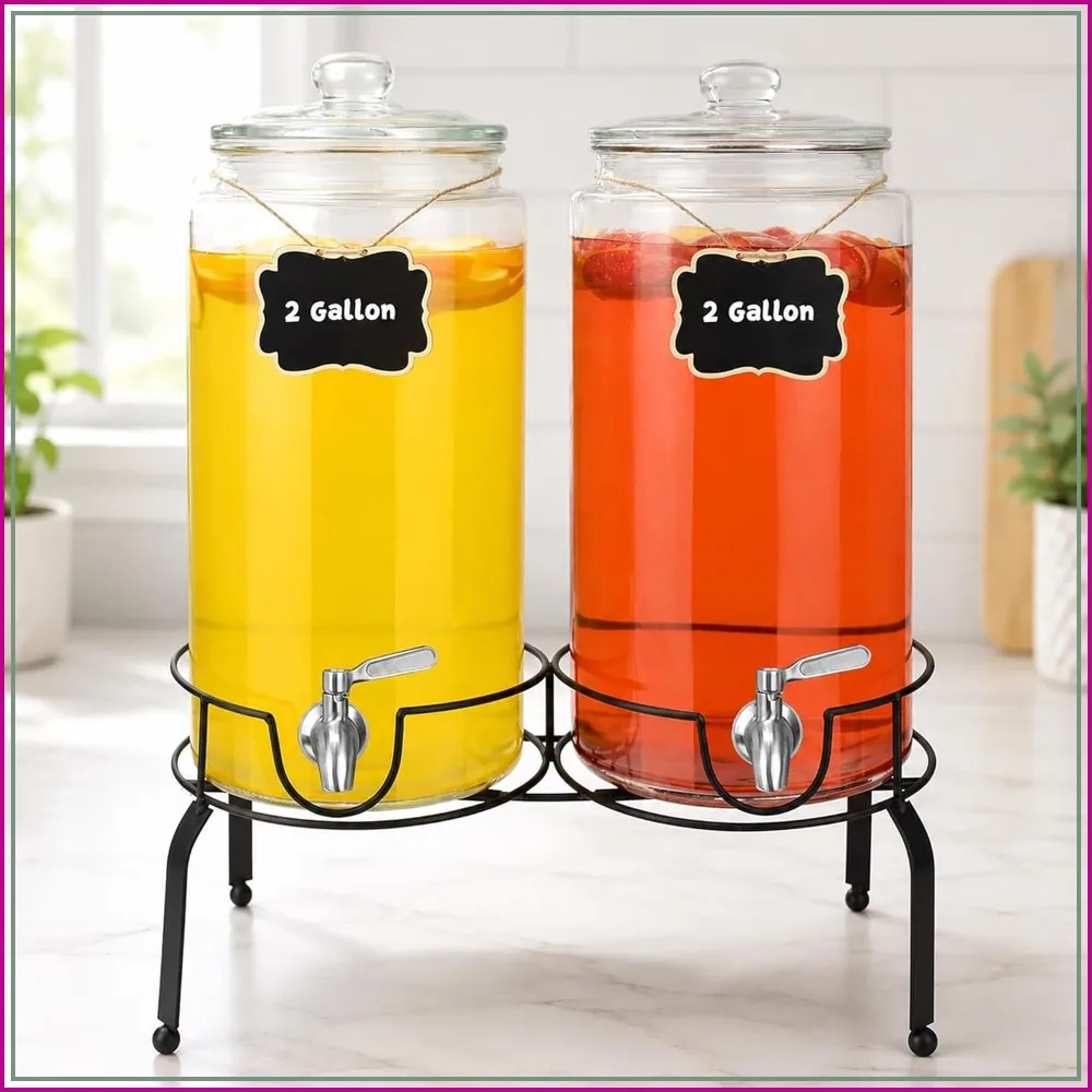 2-Pack 2 Gallon Glass Beverage Dispensers with Stainless Steel Spigot & Stand, Easy Clean
2-Pack 2 Gallon Glass Beverage Dispensers with Stainless Steel Spigot & Stand, Easy Clean